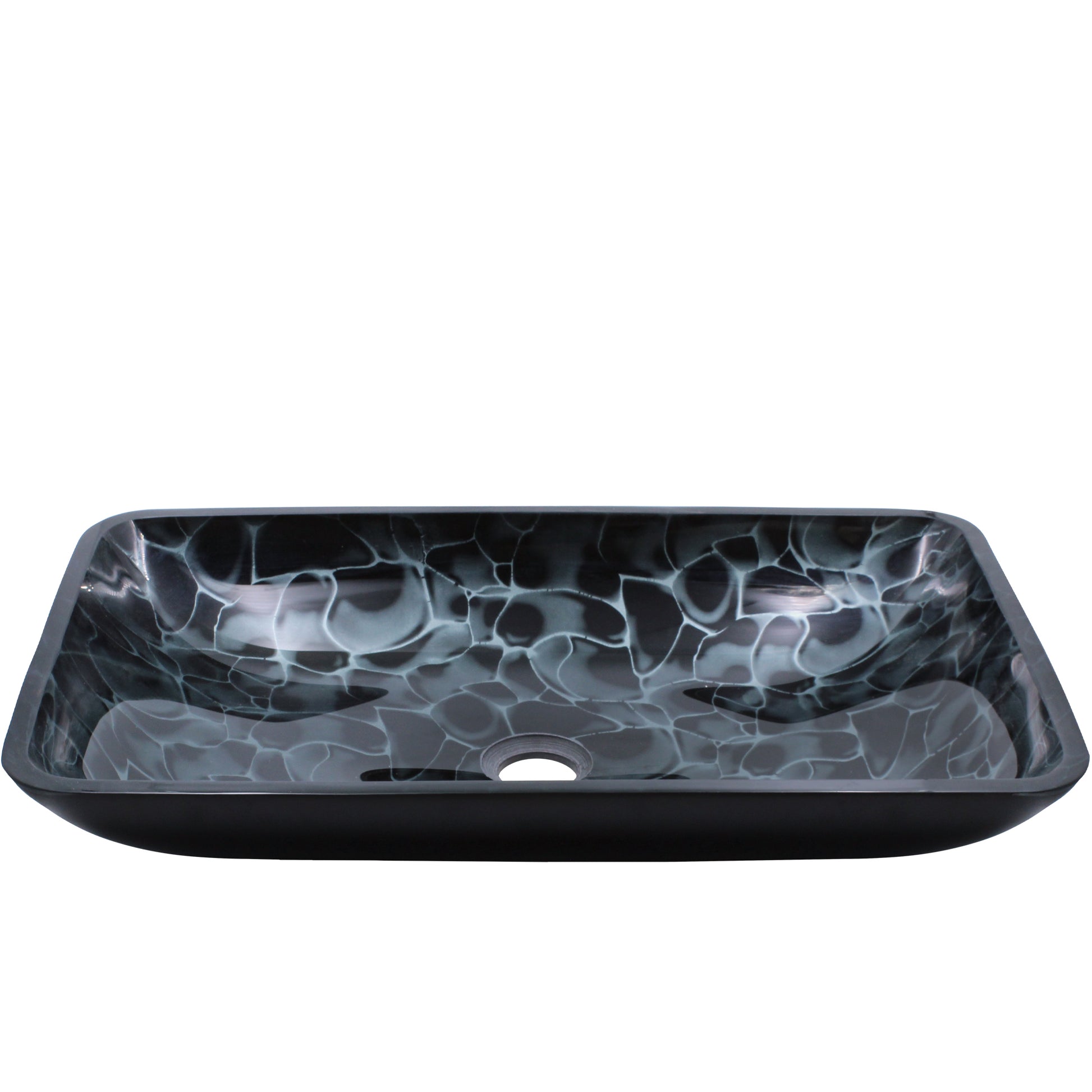 Modern Novatto black and silver rectangle glass vessel sink with hand-painted design, front and top view.
