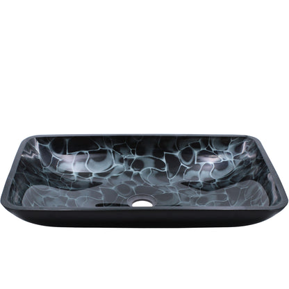Modern Novatto black and silver rectangle glass vessel sink with hand-painted design, front and top view.