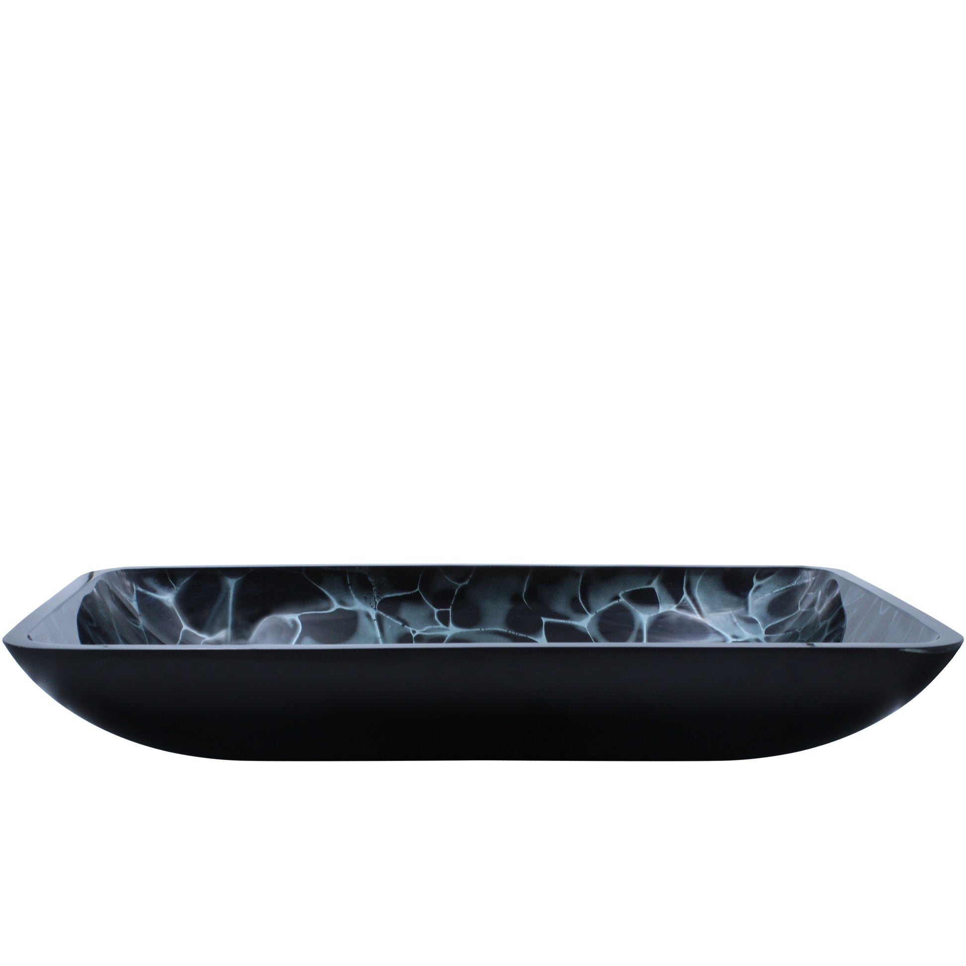 Modern Novatto black and silver rectangle glass vessel sink with hand-painted design, front view showing sleek bathroom fixture.