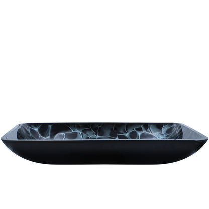Modern Novatto black and silver rectangle glass vessel sink with hand-painted design, front view showing sleek bathroom fixture.