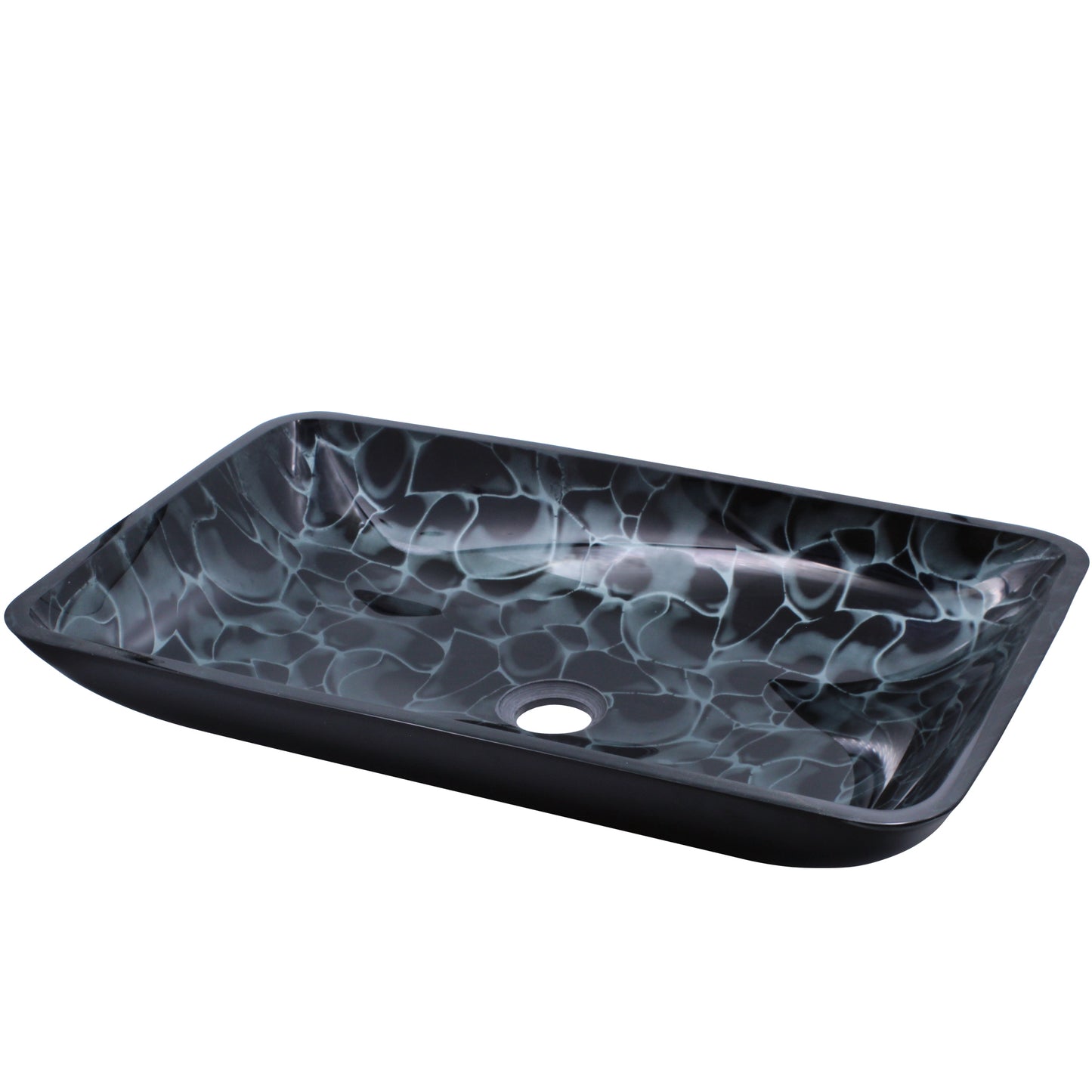 Modern Novatto black and silver rectangle glass vessel bathroom sink, three-quarter top view showing hand-painted design.