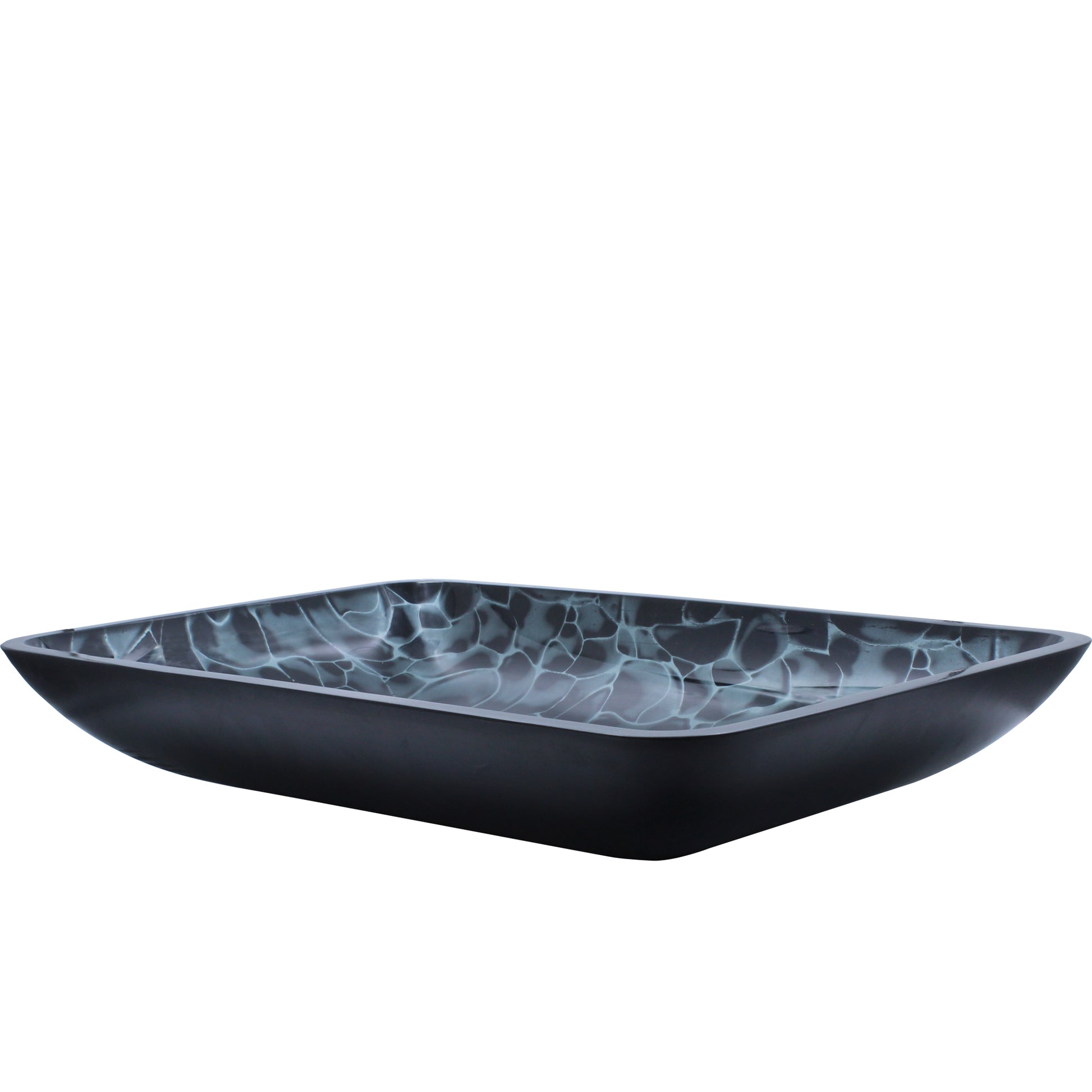 Modern black and silver rectangle glass vessel sink by Novatto, three-quarter view showing hand-painted design for bathroom decor.