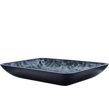 Modern black and silver rectangle glass vessel sink by Novatto, three-quarter view showing hand-painted design for bathroom decor.