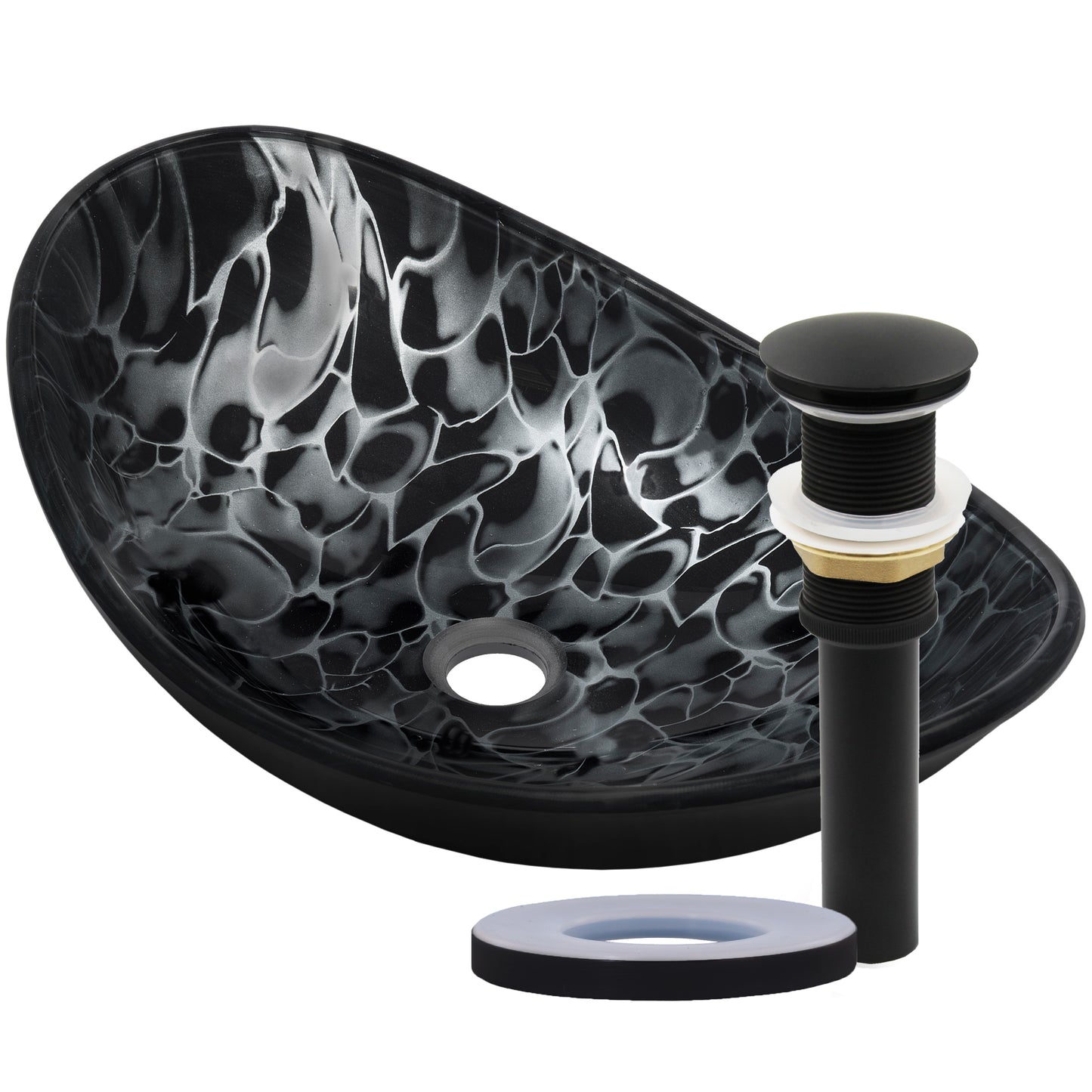 black and silver oval glass vessel sink with matte black pop-up drain
