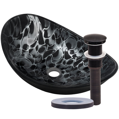 black and silver oval glass vessel sink with oil rubbed bronze pop-up drain