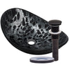 black and silver oval glass vessel sink with oil rubbed bronze pop-up drain