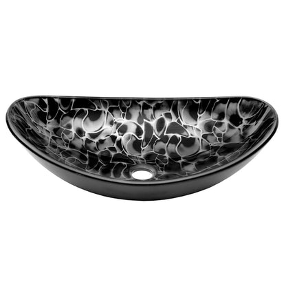 black and silver oval glass vessel sink