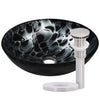black and silver glass vessel sink with pop-up brushed nickel drain