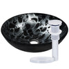 black and silver glass vessel sink with pop-up chrome drain
