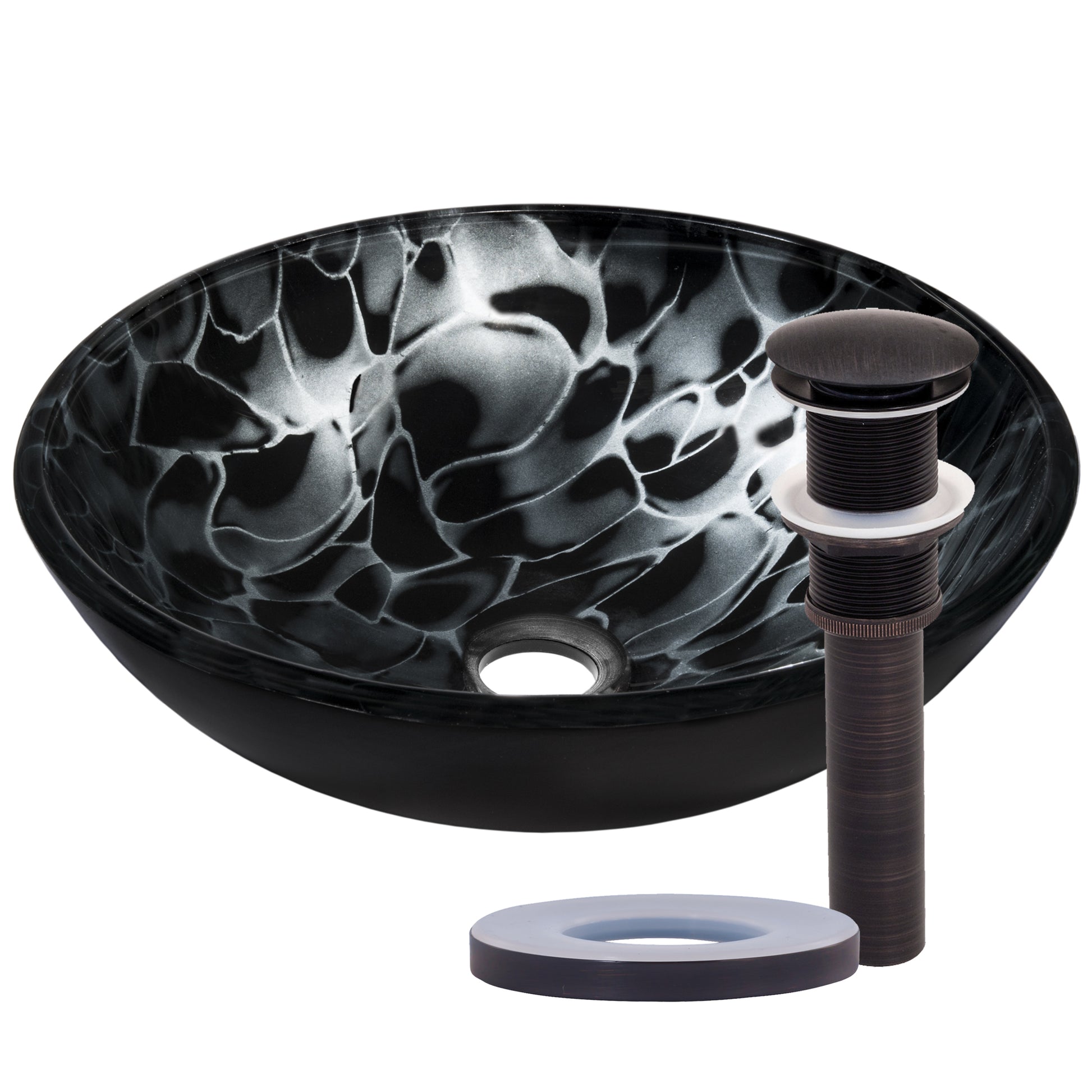 black and silver glass vessel sink with pop-up oil rubbed bronze drain
