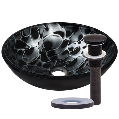 black and silver glass vessel sink with pop-up oil rubbed bronze drain