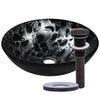 black and silver glass vessel sink with pop-up oil rubbed bronze drain