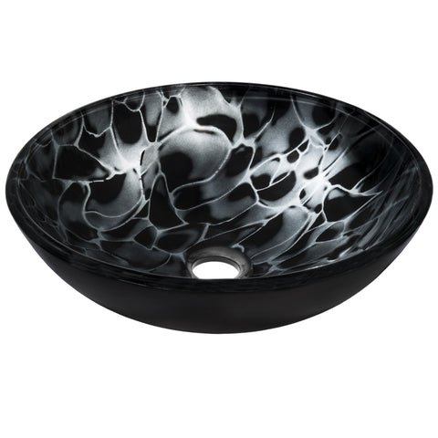black and silver glass vessel sink