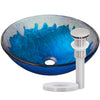 blue and silver glass sink with brushed nickel pop-up drain