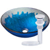 blue and silver glass sink with chrome pop-up drain