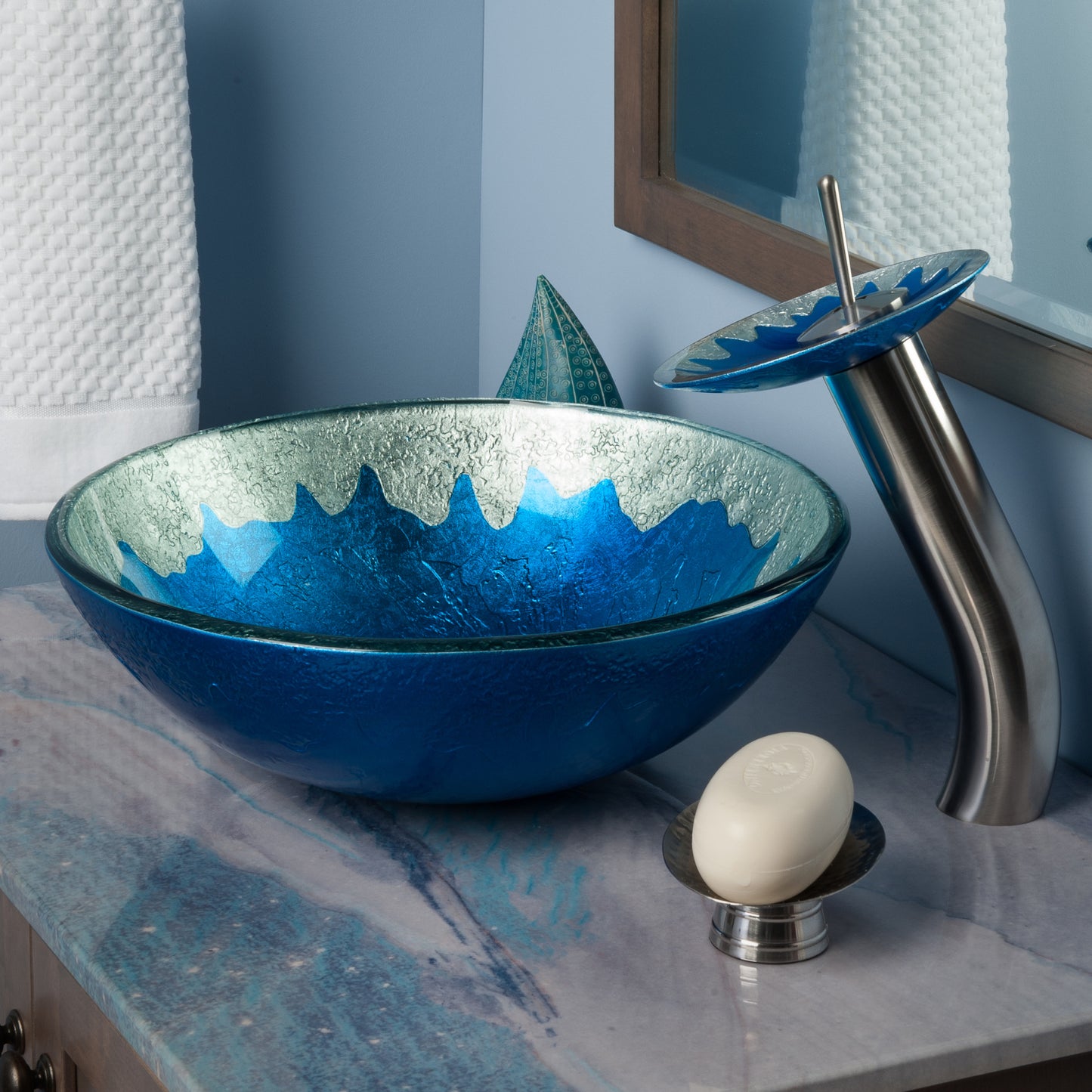 blue and silver glass sink lifestyle