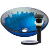 blue and silver glass sink with matte black pop-up drain