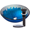blue and silver glass sink with oil rubbed bronze pop-up drain