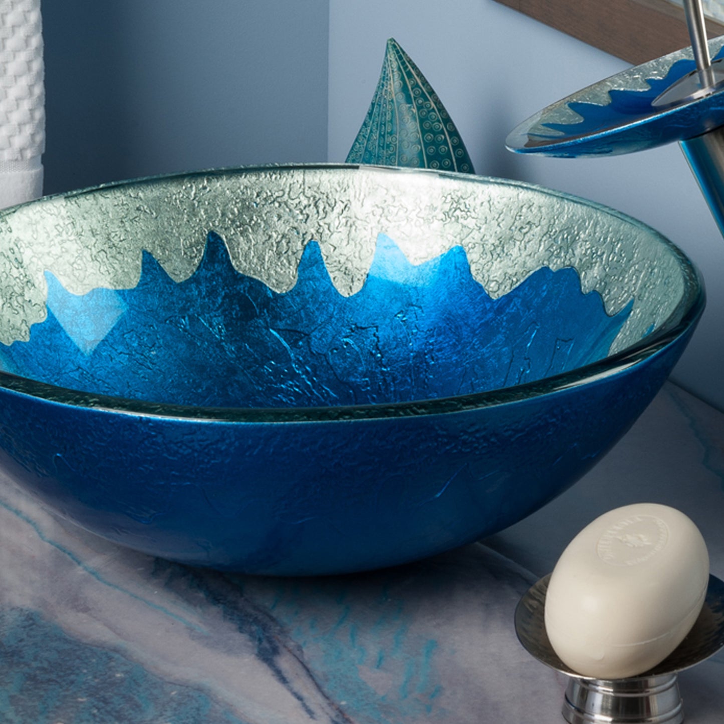blue and silver glass sink lifestyle