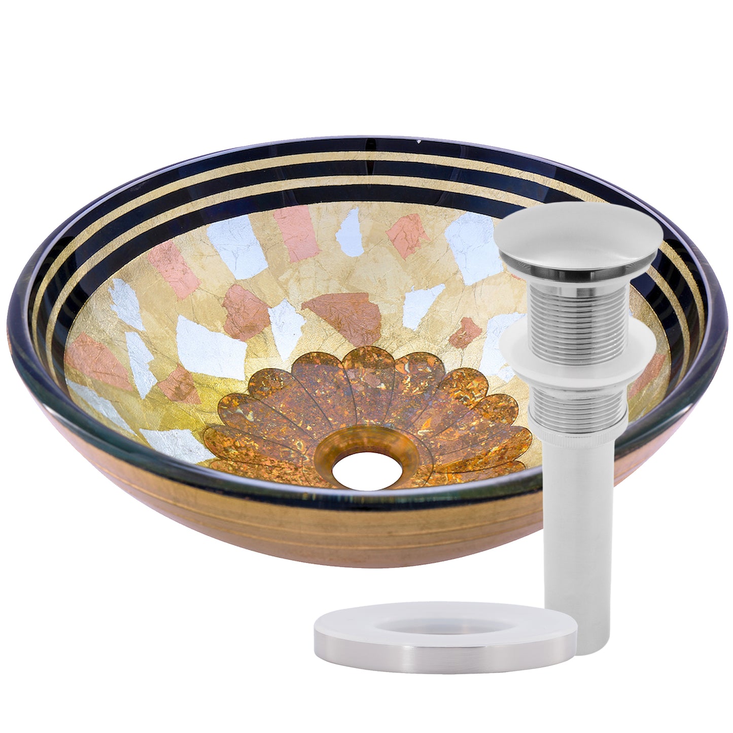 Hand-painted multicolored glass vessel bathroom sink by Novatto, featuring a traditional design and vibrant, artistic glasswork.