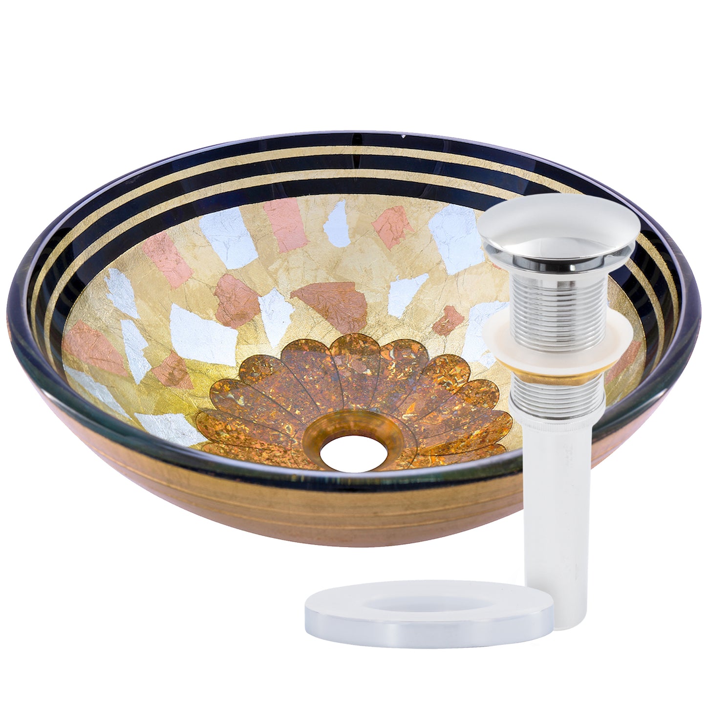 Hand-painted multicolored glass vessel bathroom sink by Novatto with a traditional design, shown on a white background.