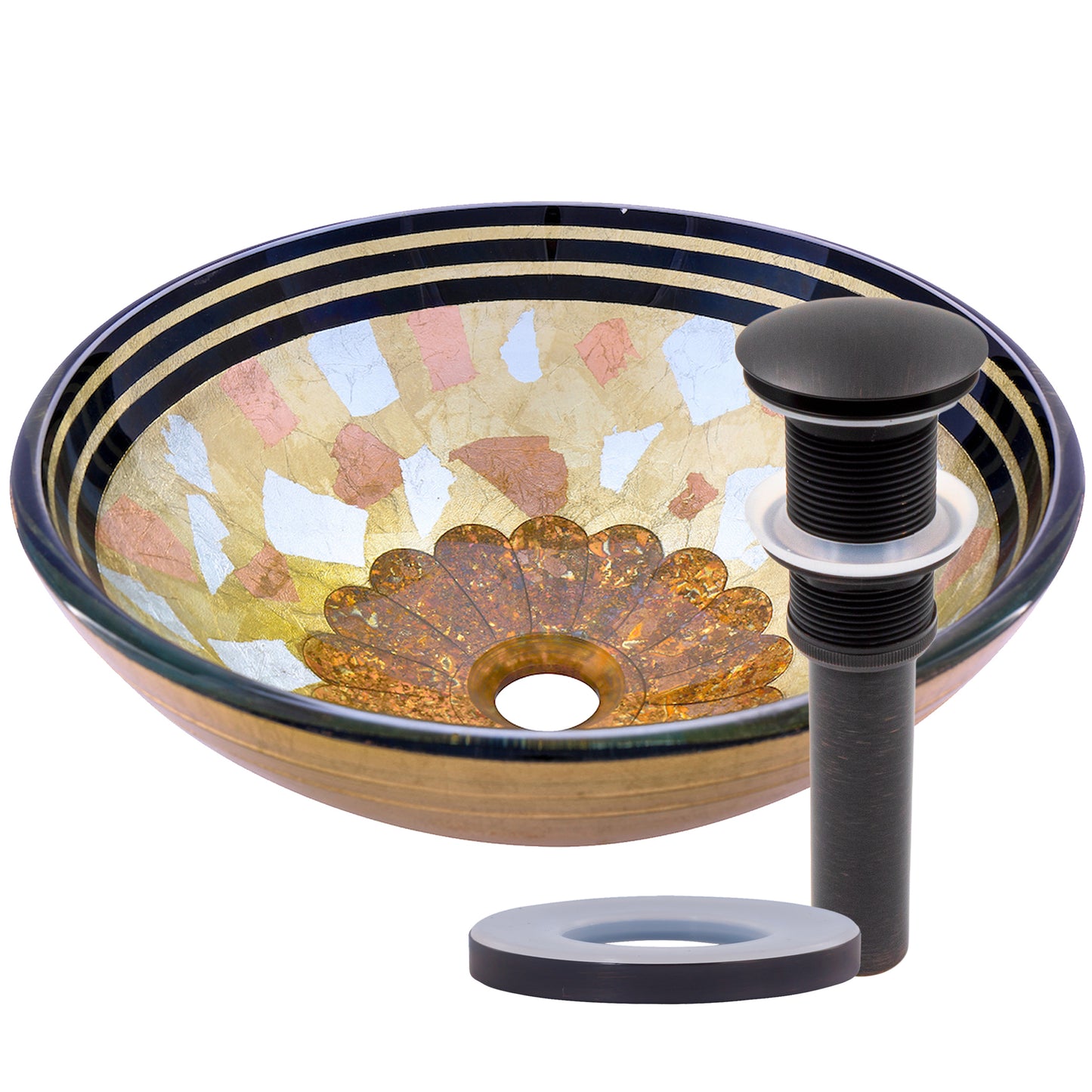 Hand-painted multicolored glass vessel bathroom sink by Novatto, traditional style with vibrant, artistic design.