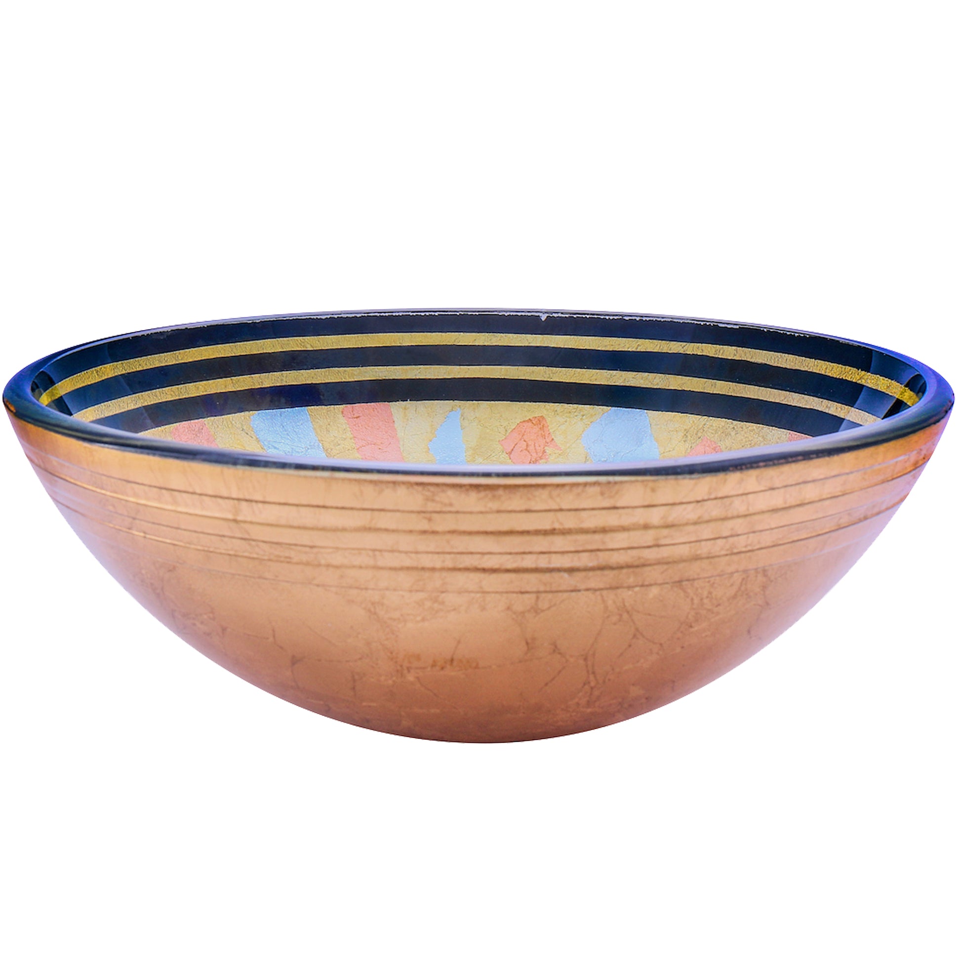 Hand-painted multicolored glass vessel bathroom sink by Novatto, side view showing vibrant, traditional design.