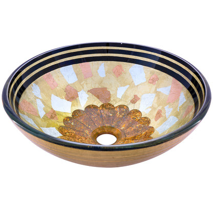Hand-painted multicolored glass vessel bathroom sink by Novatto, traditional design with a three-quarter view.