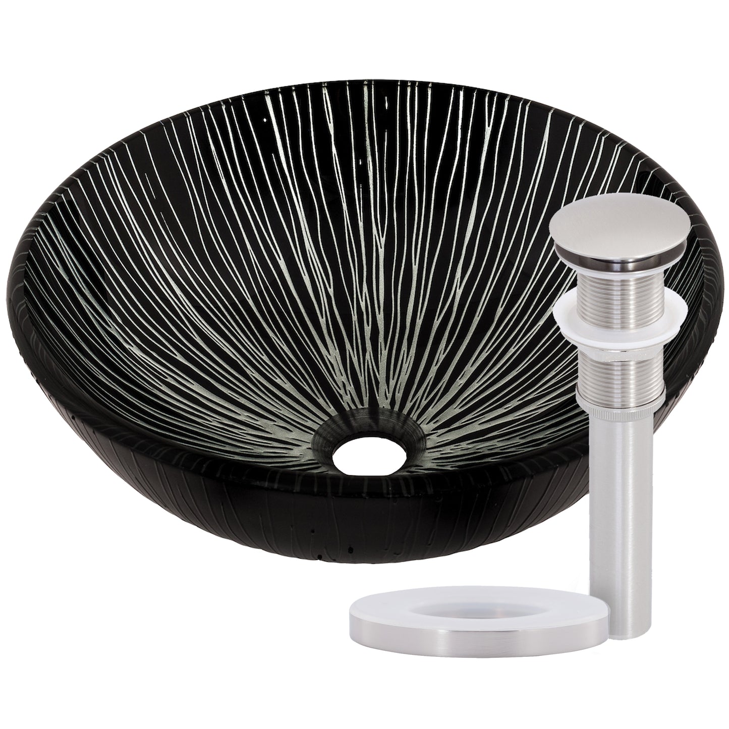 black and silver glass vessel sink with drain