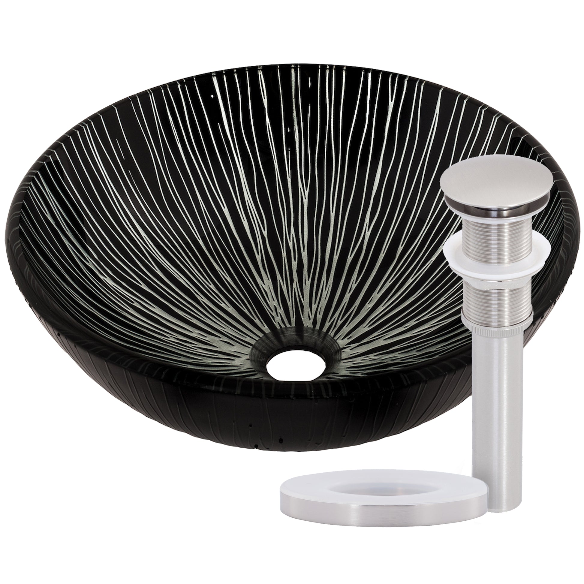 black and silver glass vessel sink with drain