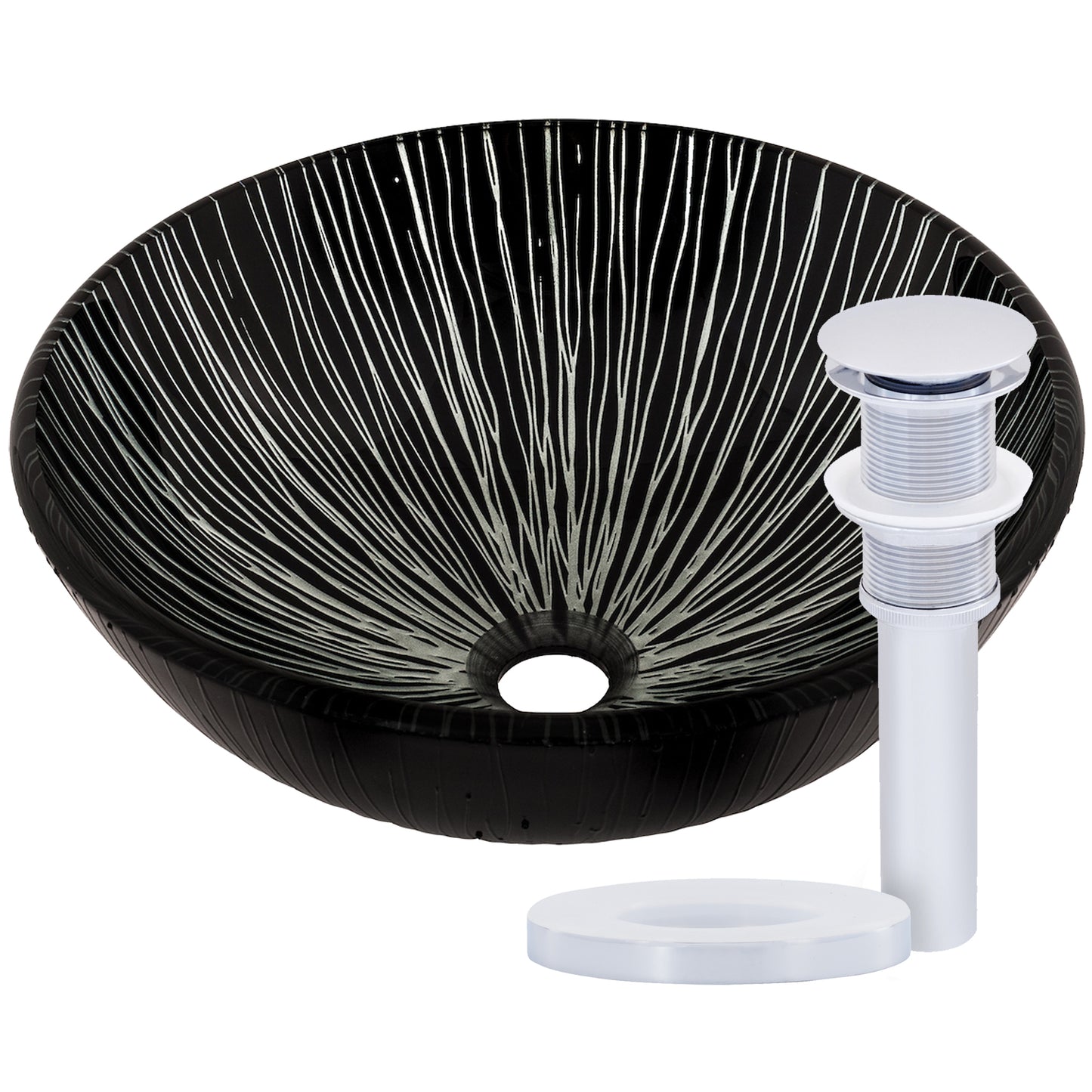 black and silver glass vessel sink with drain