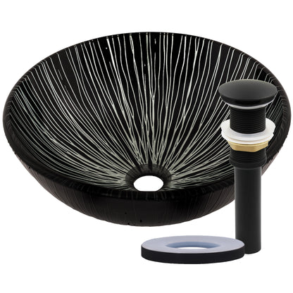 black and silver glass vessel sink with drain