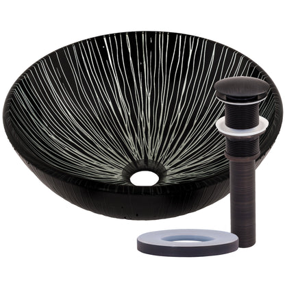 black and silver glass vessel sink with drain