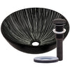 black and silver glass vessel sink with drain