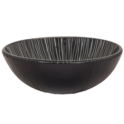 black and silver glass vessel sink