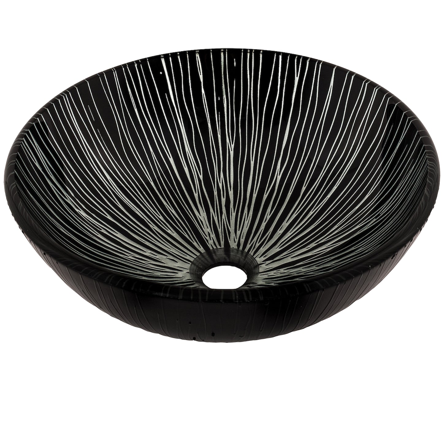 black and silver glass vessel sink
