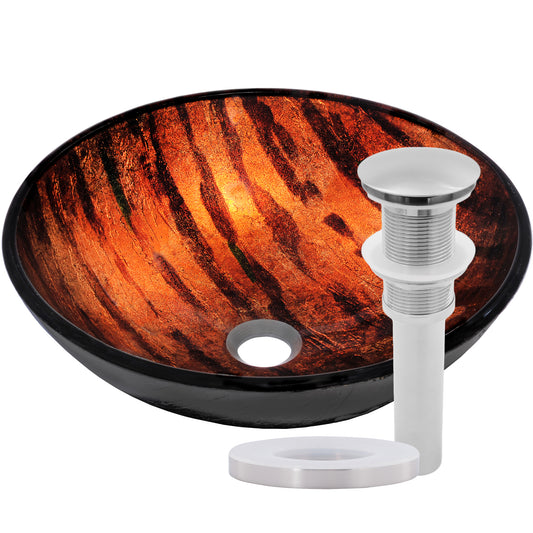 Hand Painted Brown Camouflage Glass Vessel Sink with pop-up drain