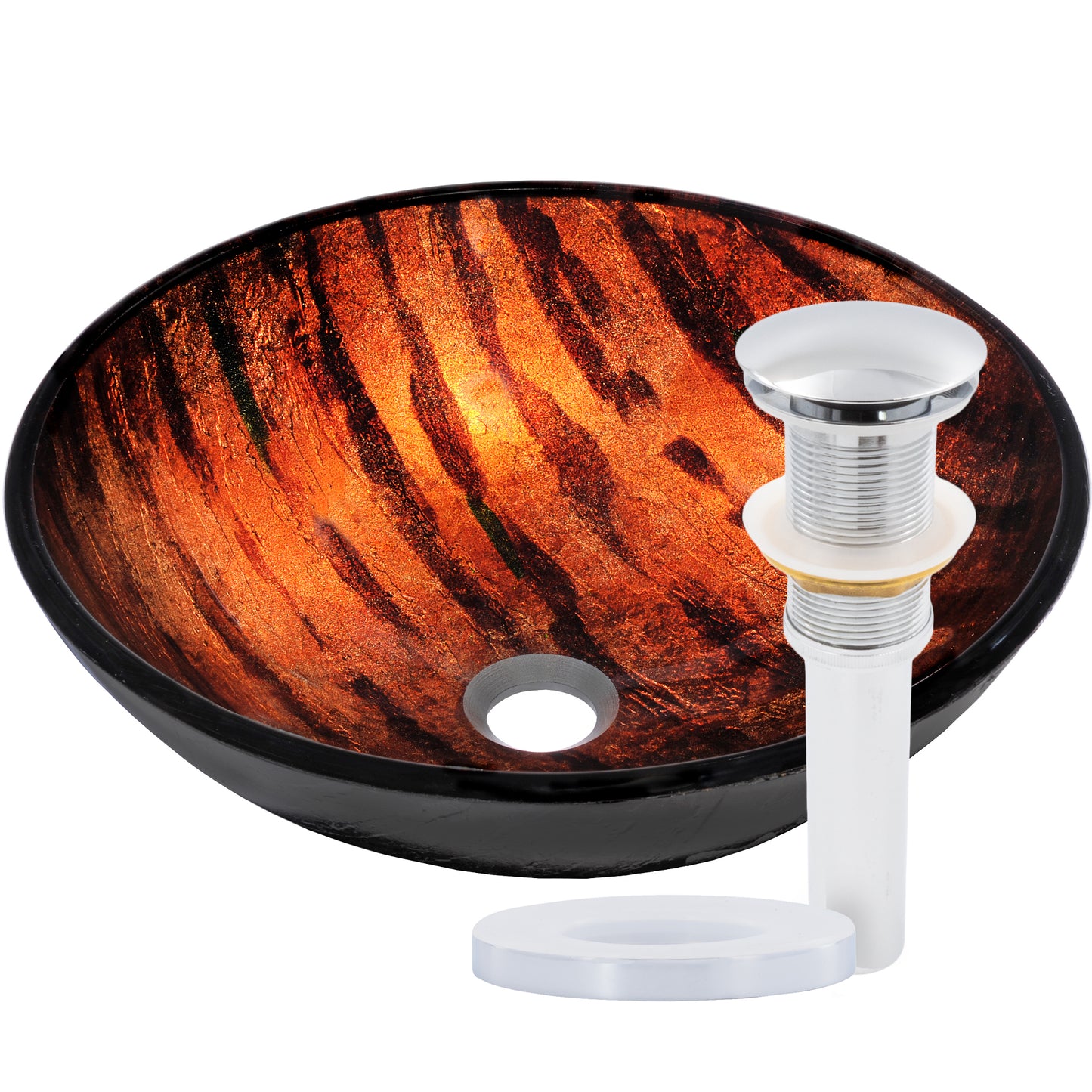 Hand painted brown camouflage glass vessel sink by Novatto, modern bathroom fixture with curved design and artistic pattern.
