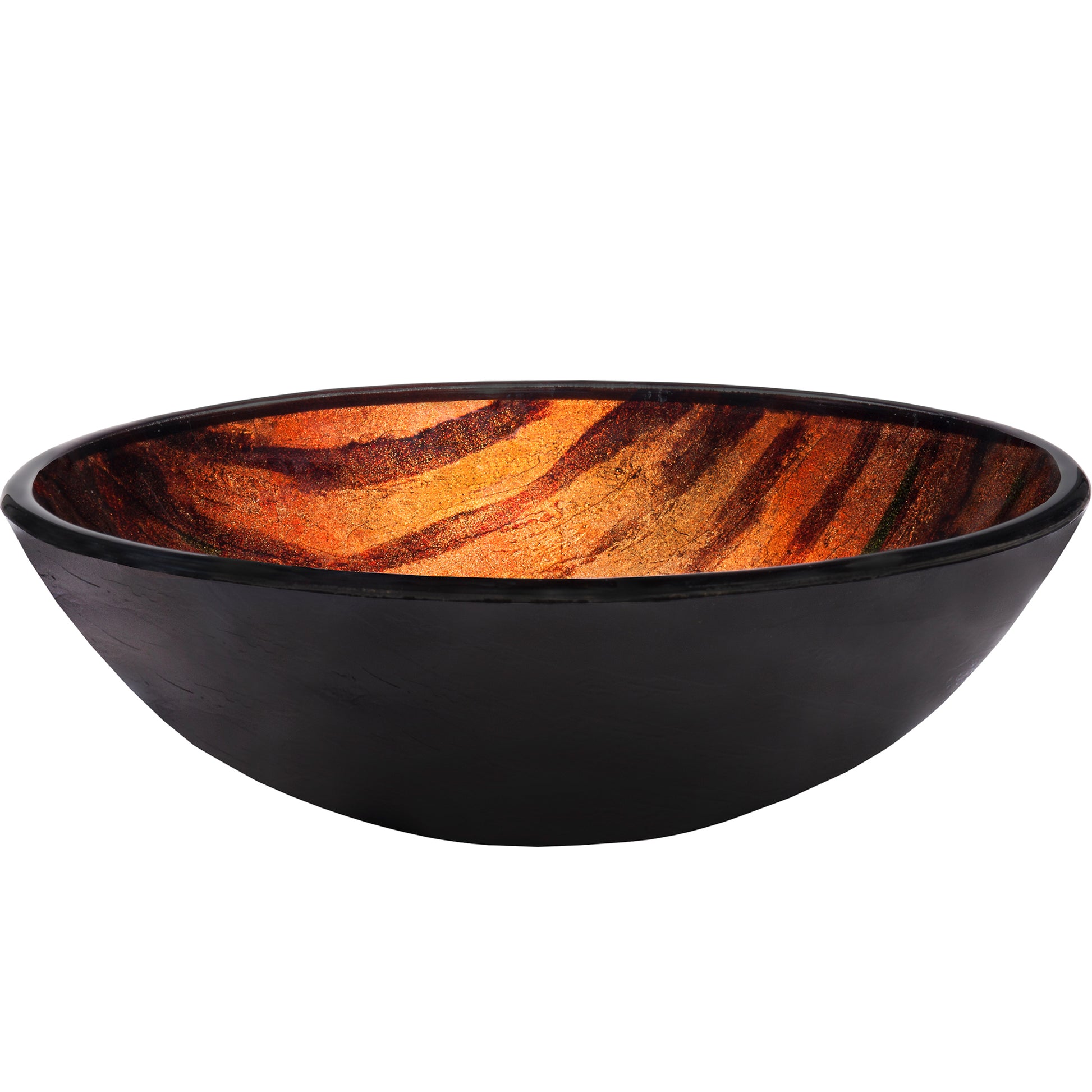 Side view of Novatto hand-painted brown camouflage glass vessel sink, modern bathroom fixture with artistic design.