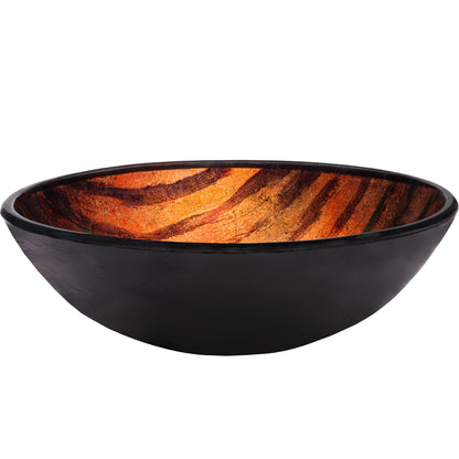 Side view of Novatto hand-painted brown camouflage glass vessel sink, modern bathroom fixture with artistic design.