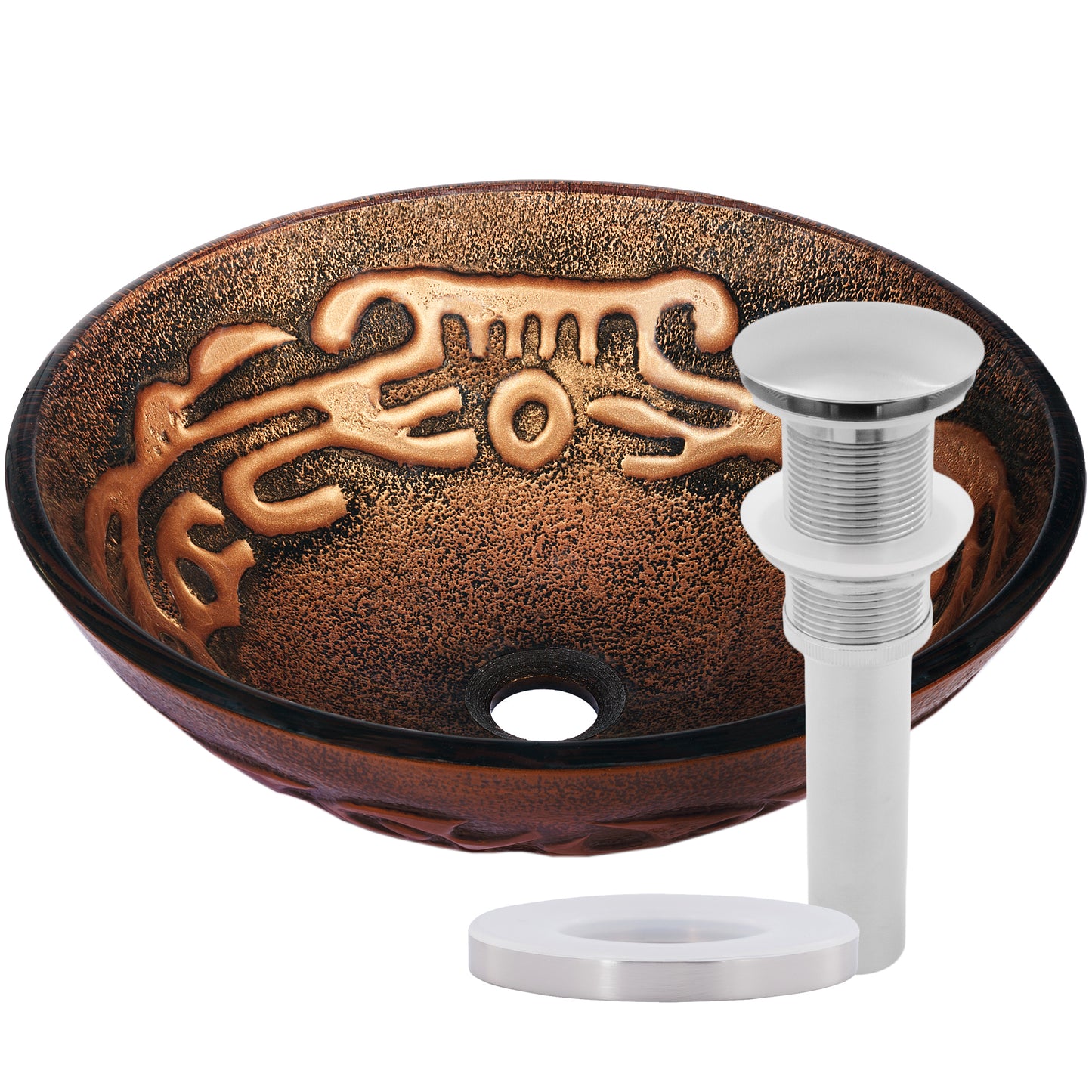 Hand Painted Brown Tan Textured  Glass Vessel Sink  with pop up drain, brushed nickel