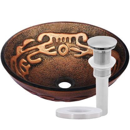 Hand Painted Brown Tan Textured  Glass Vessel Sink  with pop up drain, brushed nickel