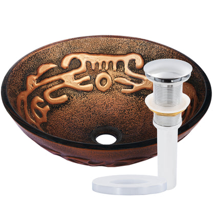 Hand Painted Brown Tan Textured  Glass Vessel Sink  with pop up drain, chrome
