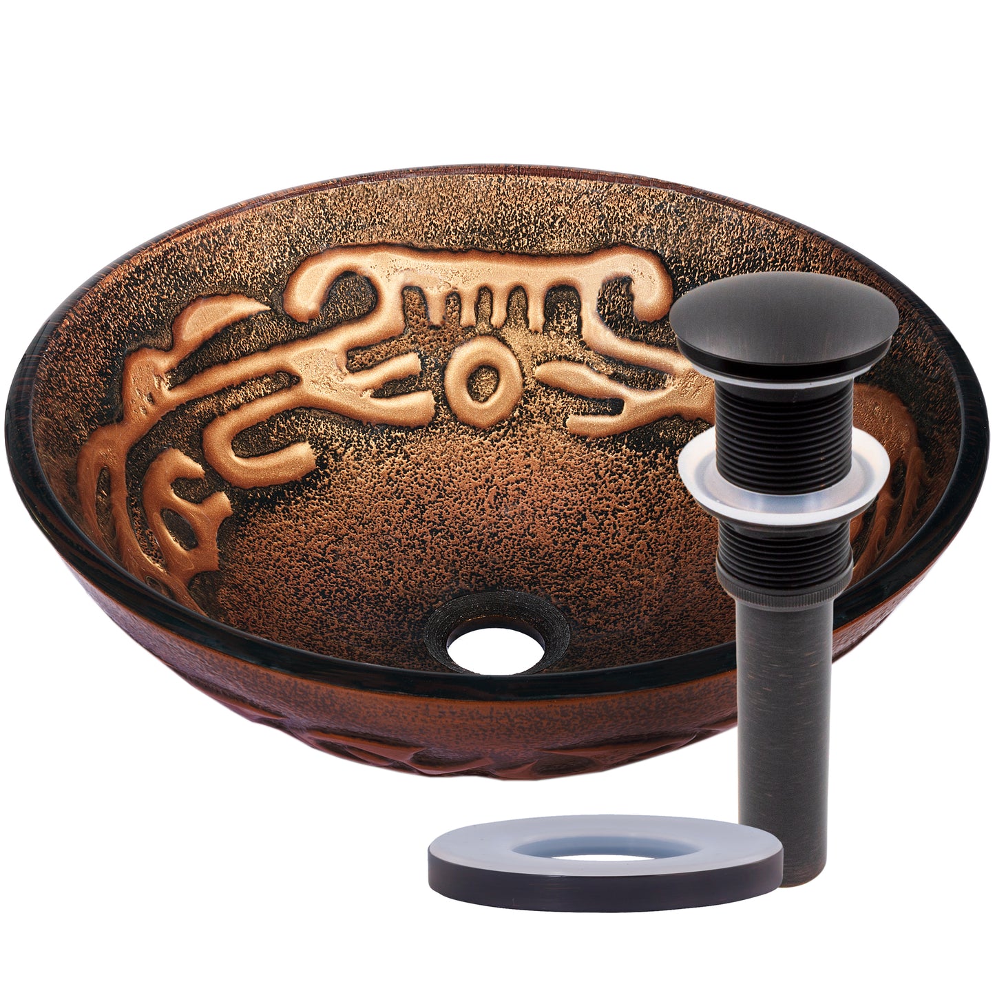 Hand Painted Brown Tan Textured  Glass Vessel Sink  with pop up drain, oil rubbed bronze