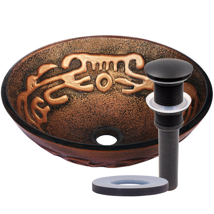 Hand Painted Brown Tan Textured  Glass Vessel Sink  with pop up drain, oil rubbed bronze