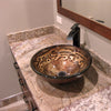 Hand Painted Brown Tan Textured  Glass Vessel Sink  with strainer grid drain, oil rubbed bronze lifestyle