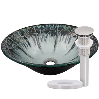 Modern round tempered glass vessel bathroom sink by Novatto, featuring a sleek design and clear glass finish.