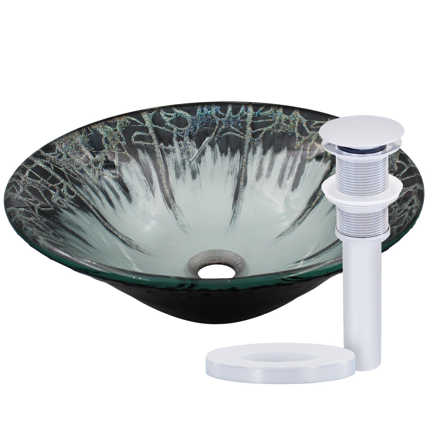 Modern round Novatto tempered glass vessel bathroom sink with sleek design and clear glass finish.