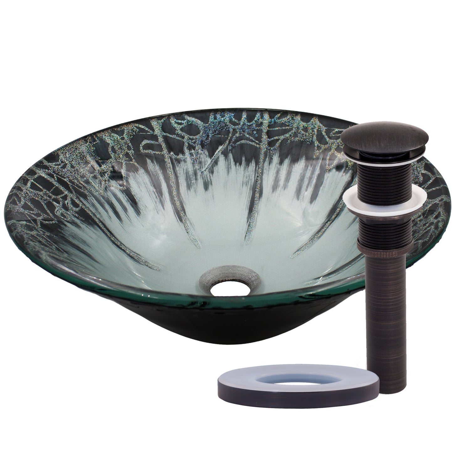 Modern Novatto Artsy round tempered glass vessel bathroom sink with an elegant bronze finish, designed for stylish bathroom decor.