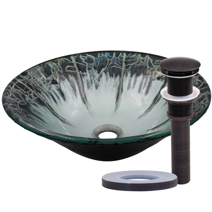 Modern Novatto Artsy round tempered glass vessel bathroom sink with an elegant bronze finish, designed for stylish bathroom decor.